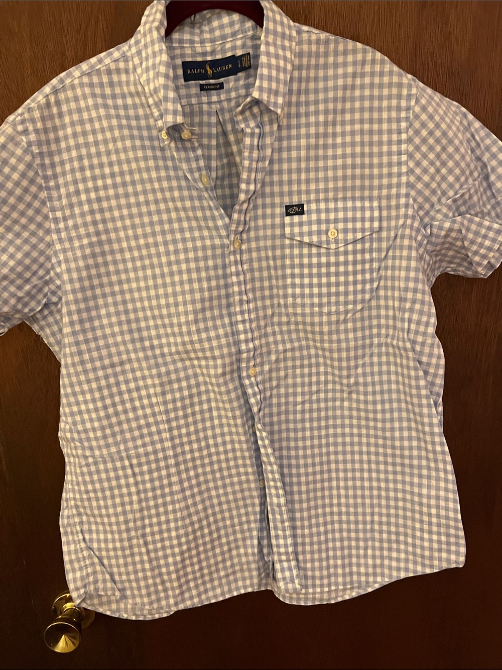 Men's Ralph Lauren, classic fit size, large blue, and white shirt,